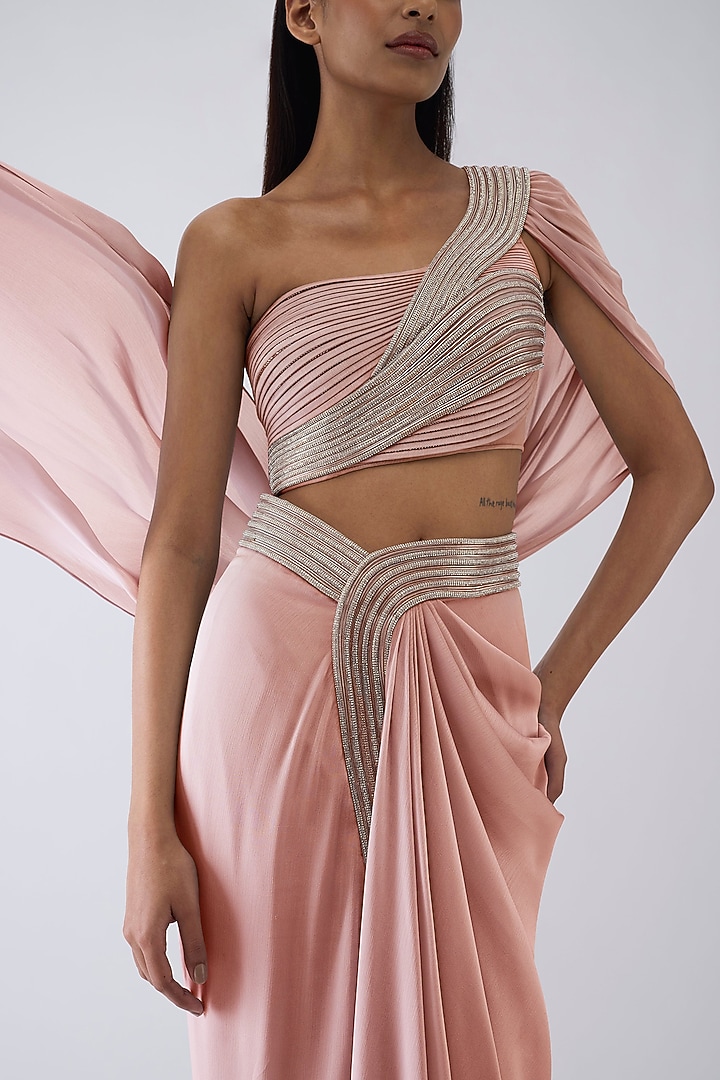 Rose Pink Chiffon Draped Skirt Set by Amit Aggarwal at Pernia's Pop Up Shop
