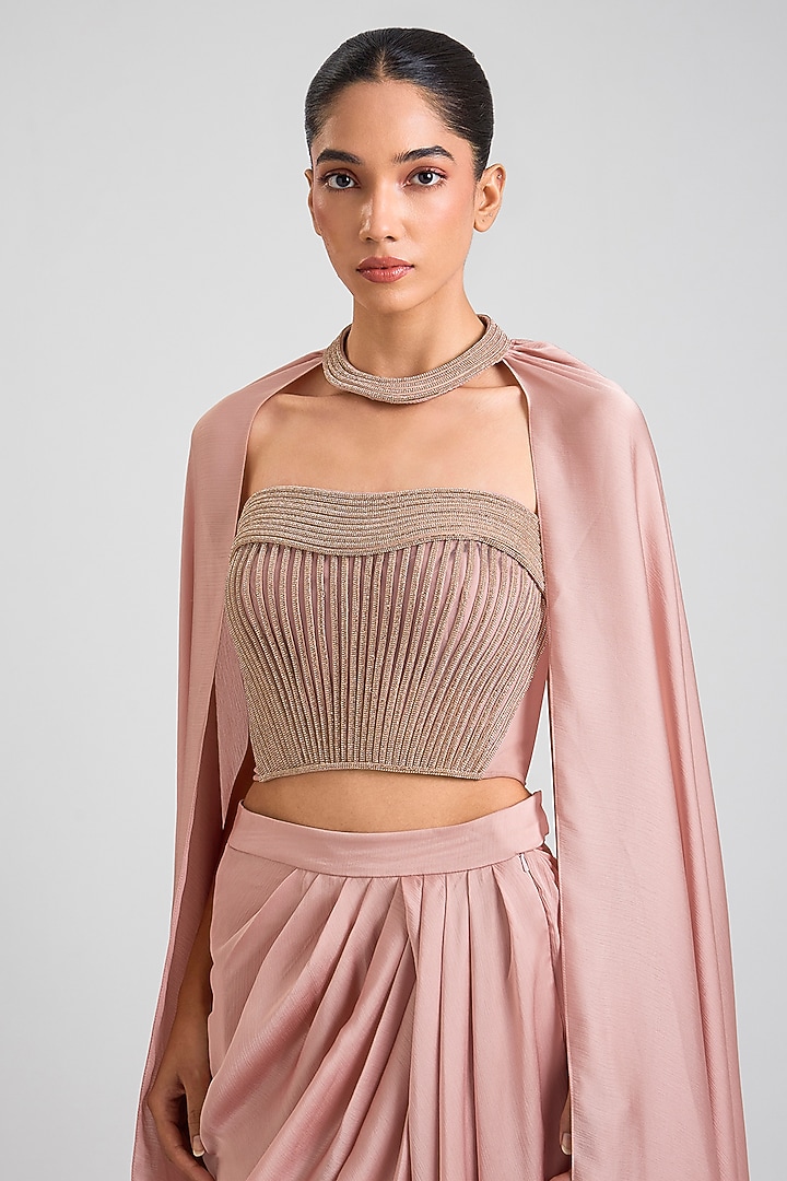 Blush Chiffon Draped Skirt Set by Amit Aggarwal at Pernia's Pop Up Shop