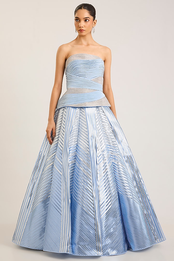 Ice Blue Tulle Flared Bridal Lehenga Set by Amit Aggarwal at Pernia's Pop Up Shop