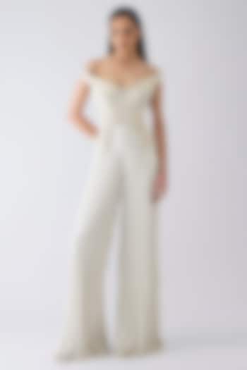 Pearl White Foil Crepe Metallic Micro-Pleated Jumpsuit by Amit Aggarwal at Pernia's Pop Up Shop