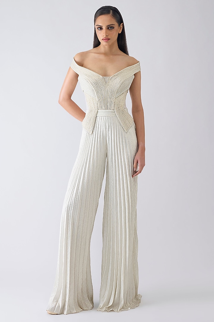 Pearl White Foil Crepe Metallic Micro-Pleated Jumpsuit by Amit Aggarwal at Pernia's Pop Up Shop