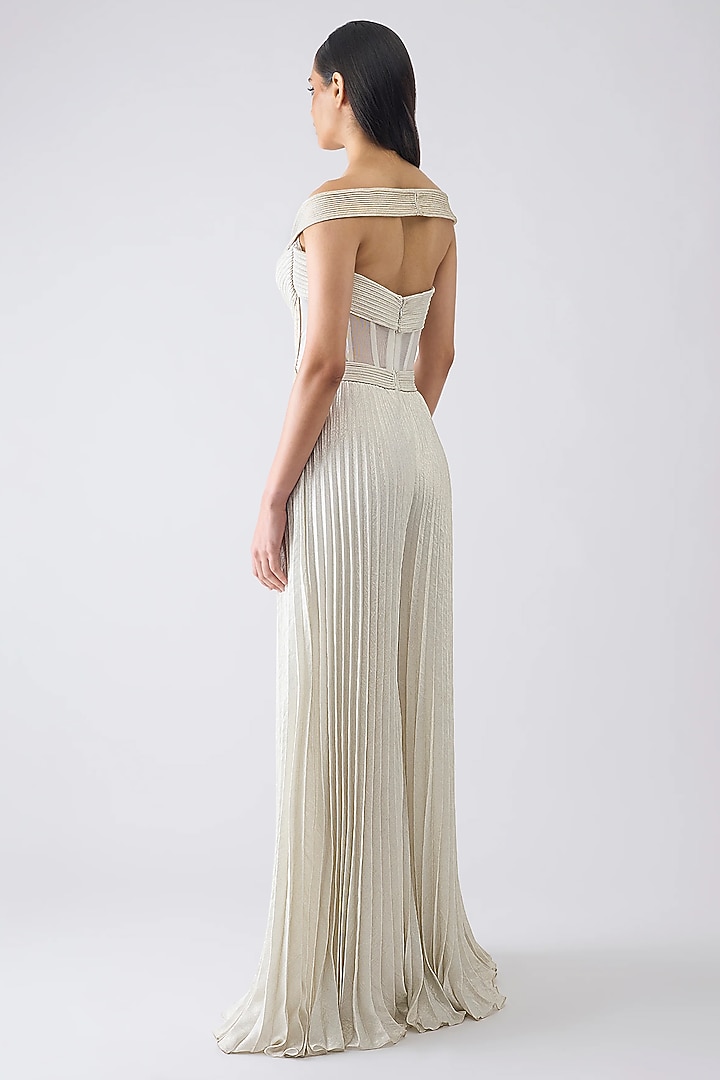 Pearl White Foil Crepe Metallic Micro-Pleated Jumpsuit by Amit Aggarwal at Pernia's Pop Up Shop