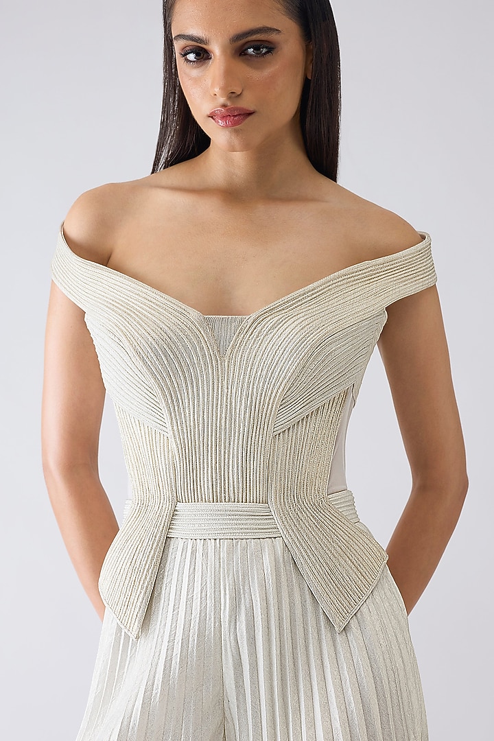 Pearl White Foil Crepe Metallic Micro-Pleated Jumpsuit by Amit Aggarwal at Pernia's Pop Up Shop
