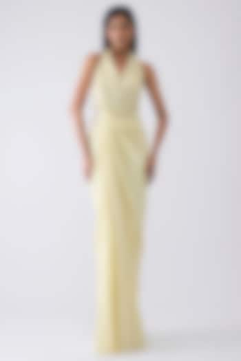Butter Yellow Sandwash Crepe Micro Pleated Moulded Wedding Gown by Amit Aggarwal at Pernia's Pop Up Shop