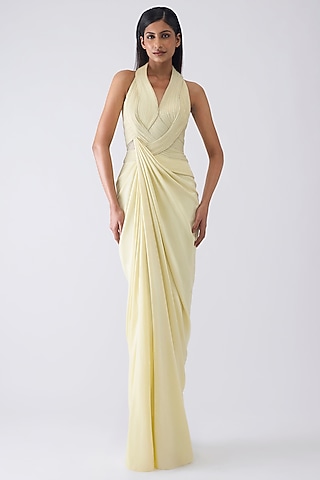 Butter Yellow Sandwash Crepe Micro Pleated Moulded Gown by Amit Aggarwal