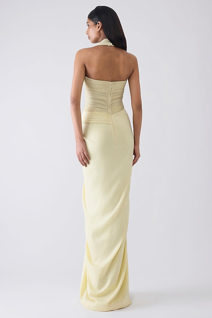 Butter Yellow Sandwash Crepe Micro Pleated Moulded Wedding Gown by Amit Aggarwal at Pernia's Pop Up Shop