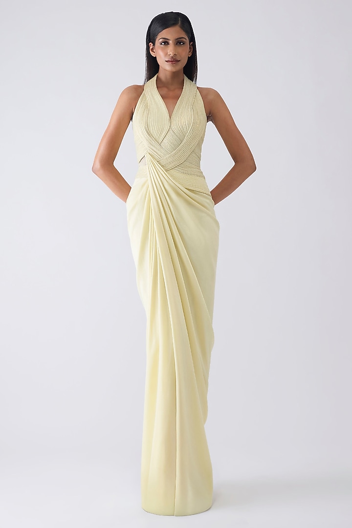 Butter Yellow Sandwash Crepe Micro Pleated Moulded Wedding Gown by Amit Aggarwal at Pernia's Pop Up Shop