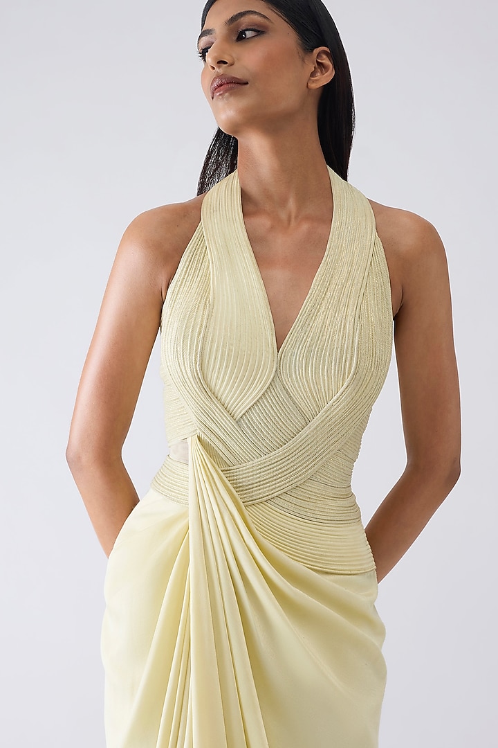 Butter Yellow Sandwash Crepe Micro Pleated Moulded Wedding Gown by Amit Aggarwal at Pernia's Pop Up Shop