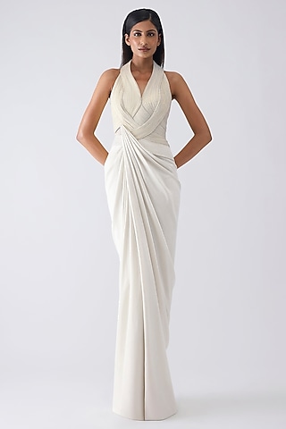 Pearl White Sandwash Crepe Micro-Pleated Moulded Gown by Amit Aggarwal