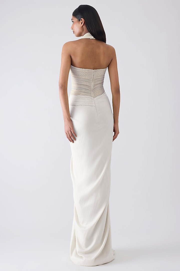 Pearl White Sandwash Crepe Micro-Pleated Moulded Wedding Gown by Amit Aggarwal at Pernia's Pop Up Shop