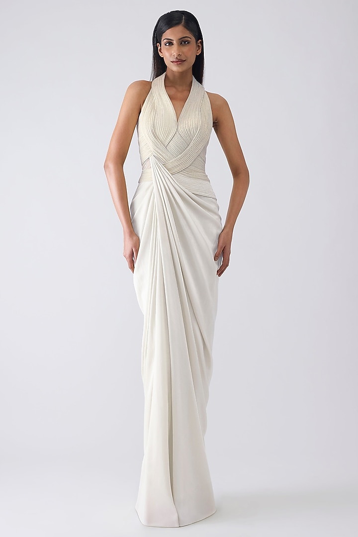 Pearl White Sandwash Crepe Micro-Pleated Moulded Wedding Gown by Amit Aggarwal at Pernia's Pop Up Shop