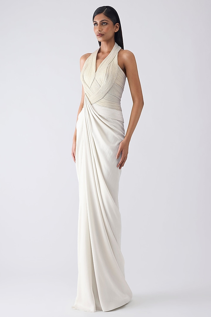 Pearl White Sandwash Crepe Micro-Pleated Moulded Wedding Gown by Amit Aggarwal at Pernia's Pop Up Shop