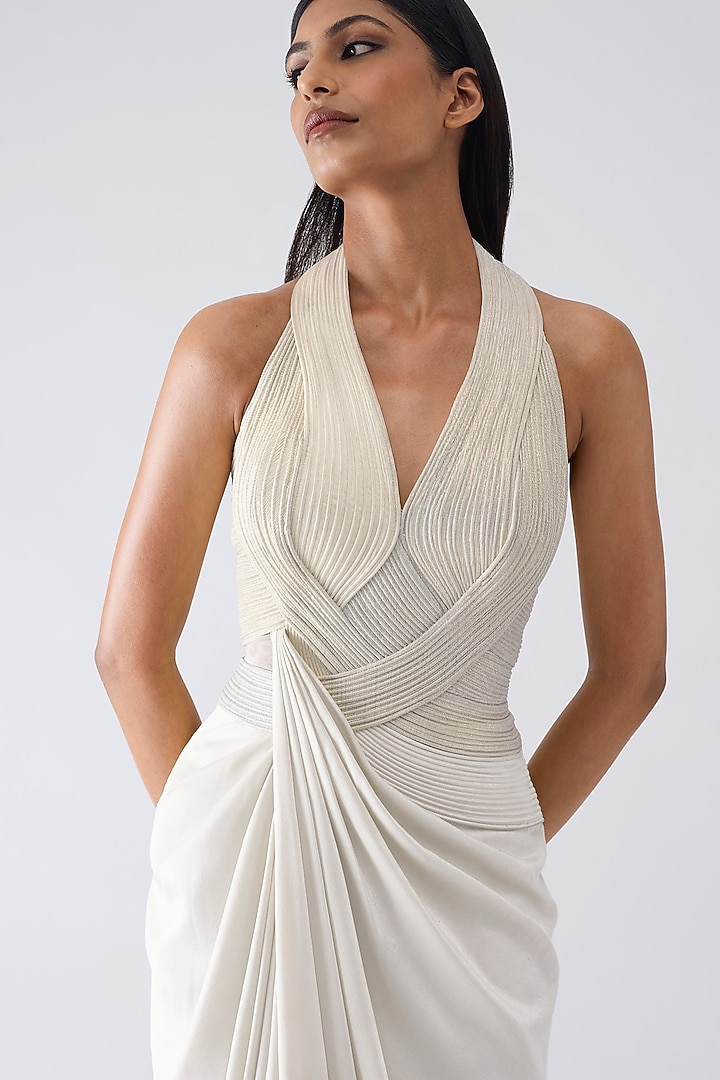 Pearl White Sandwash Crepe Micro-Pleated Moulded Wedding Gown by Amit Aggarwal at Pernia's Pop Up Shop