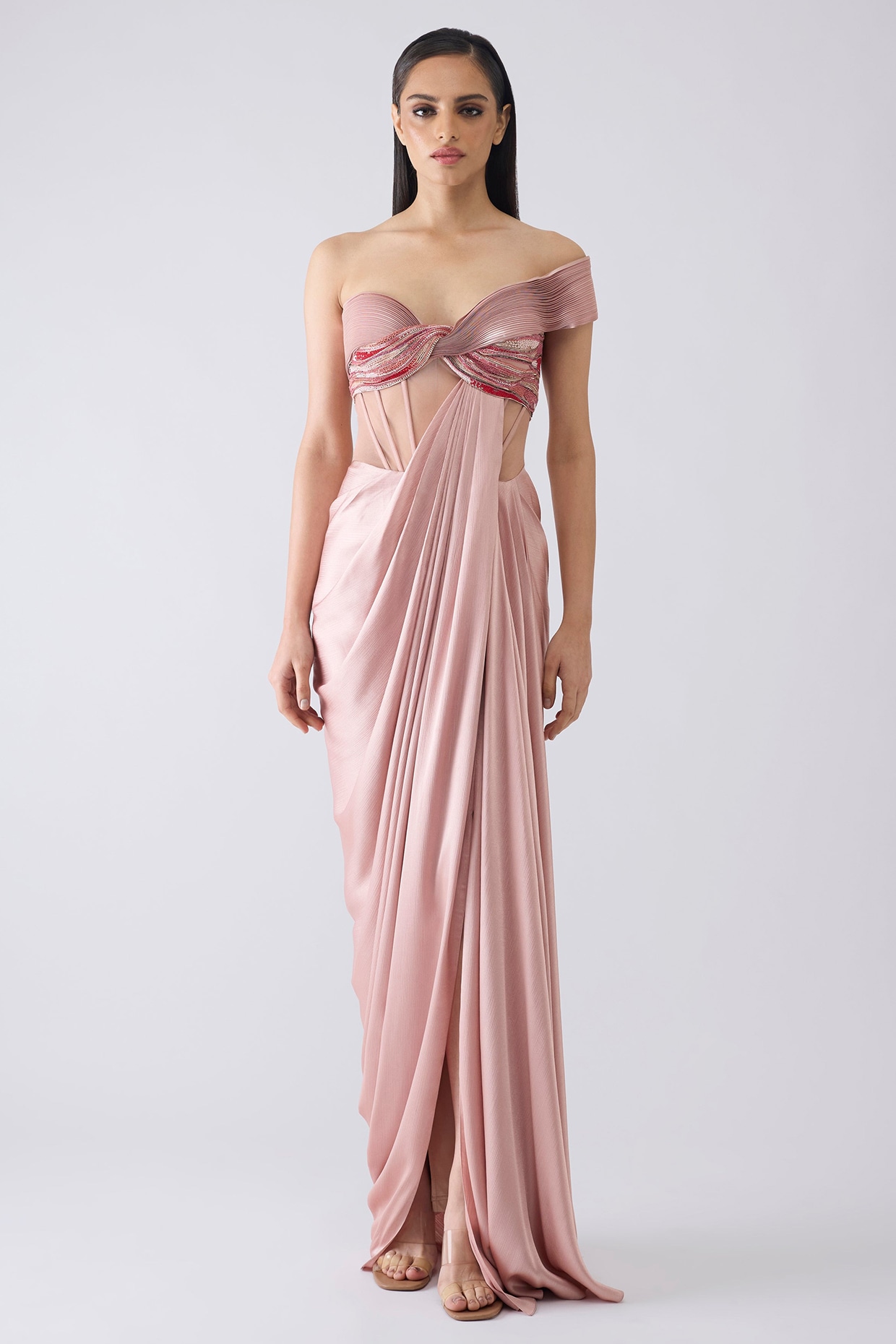 Amit Aggarwal Blush Pink Satin Chiffon Moulded Micro Pleated Gown