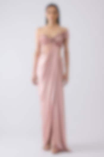 Blush Pink Satin Chiffon Moulded Micro Pleated Wedding Gown by Amit Aggarwal at Pernia's Pop Up Shop