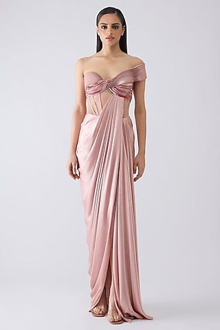 Blush Pink Satin Chiffon Moulded Micro Pleated Gown by Amit Aggarwal