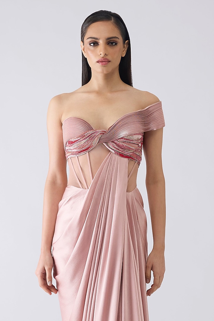 Blush Pink Satin Chiffon Moulded Micro Pleated Wedding Gown by Amit Aggarwal at Pernia's Pop Up Shop