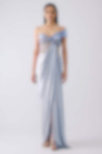 Ice Blue Satin Chiffon Micro Pleated Metallic Wedding Gown by Amit Aggarwal at Pernia's Pop Up Shop