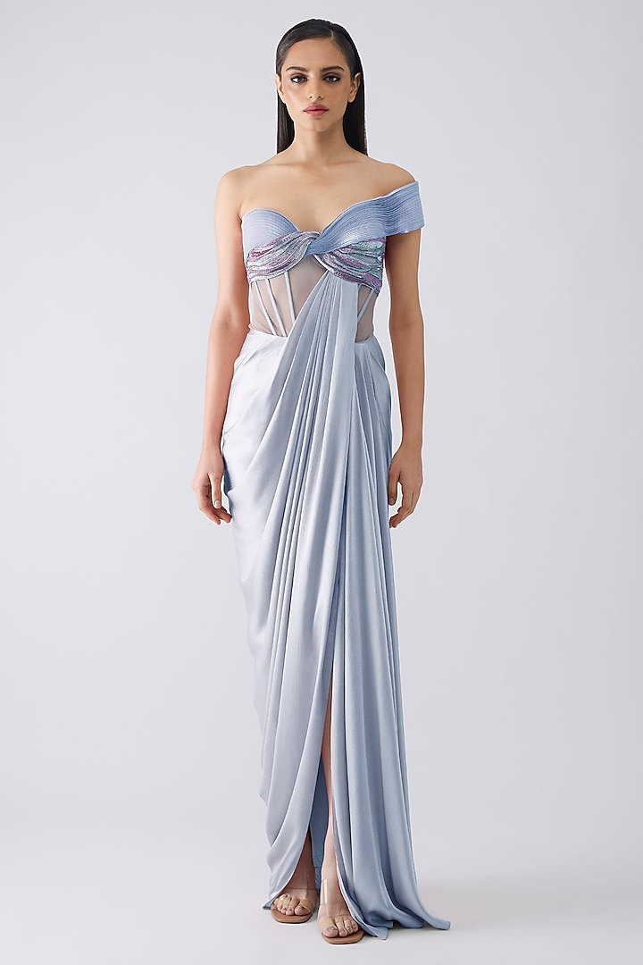 Ice Blue Satin Chiffon Micro Pleated Metallic Wedding Gown by Amit Aggarwal at Pernia's Pop Up Shop