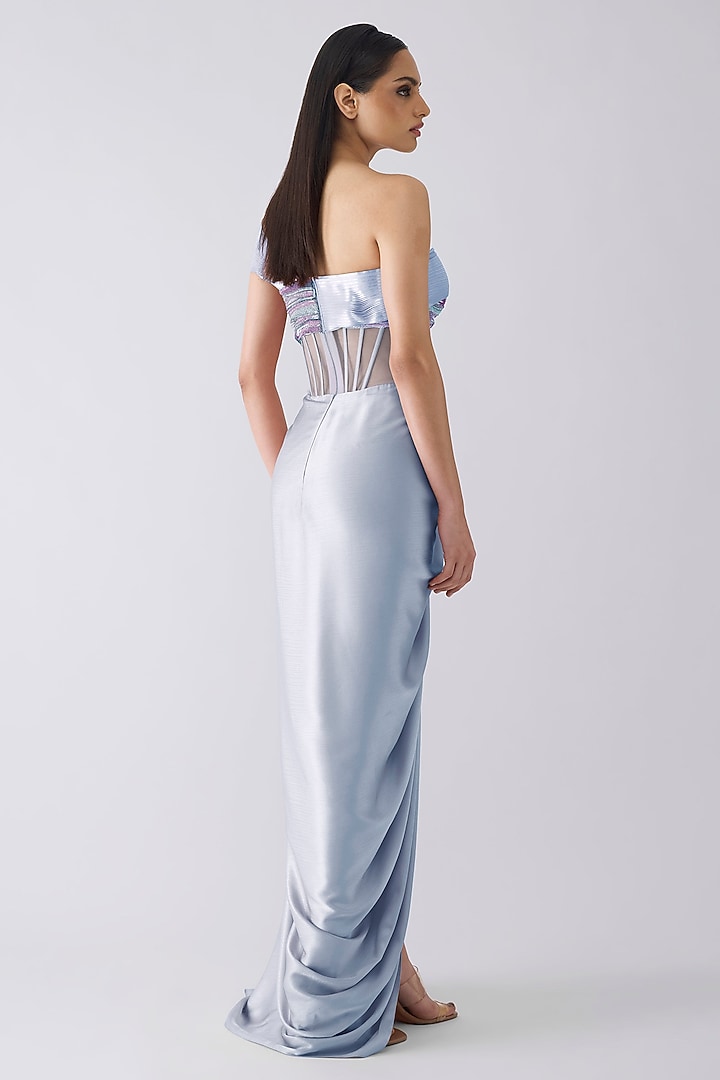 Ice Blue Satin Chiffon Micro Pleated Metallic Wedding Gown by Amit Aggarwal at Pernia's Pop Up Shop
