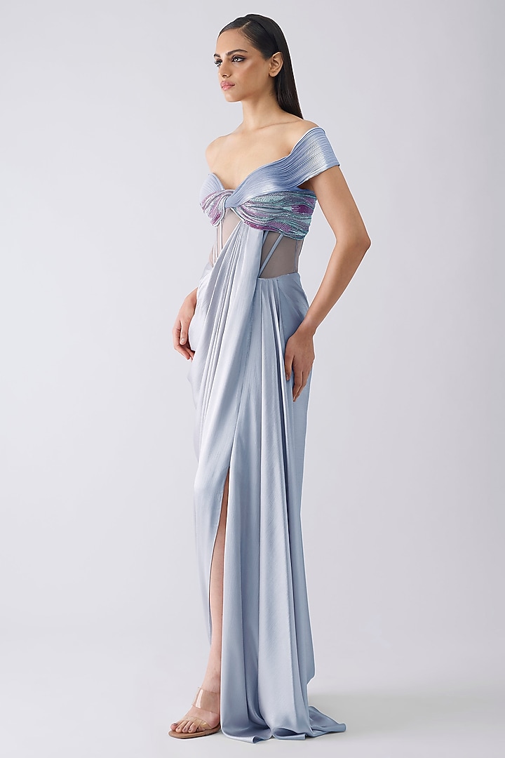 Ice Blue Satin Chiffon Micro Pleated Metallic Wedding Gown by Amit Aggarwal at Pernia's Pop Up Shop