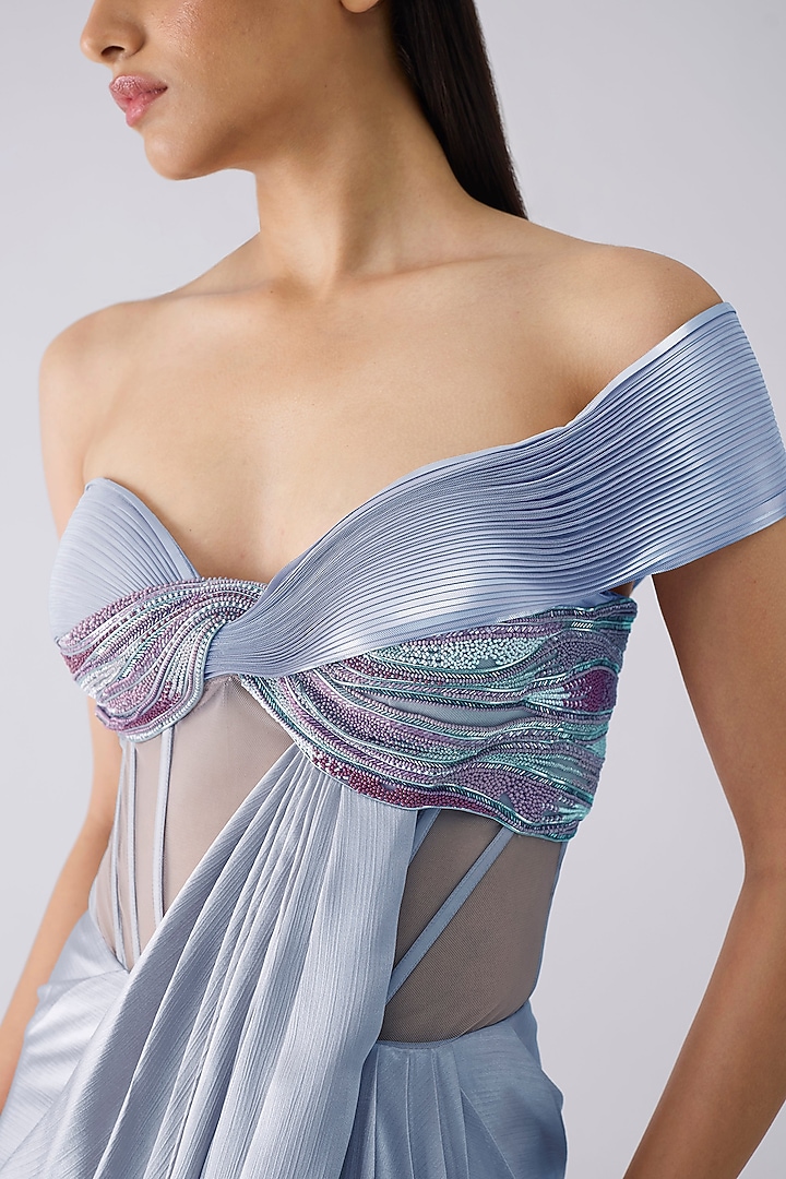 Ice Blue Satin Chiffon Micro Pleated Metallic Wedding Gown by Amit Aggarwal at Pernia's Pop Up Shop
