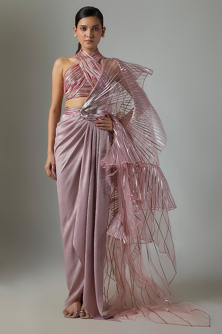 Blush Tulle Embellished Bridal Saree Set by Amit Aggarwal at Pernia's Pop Up Shop