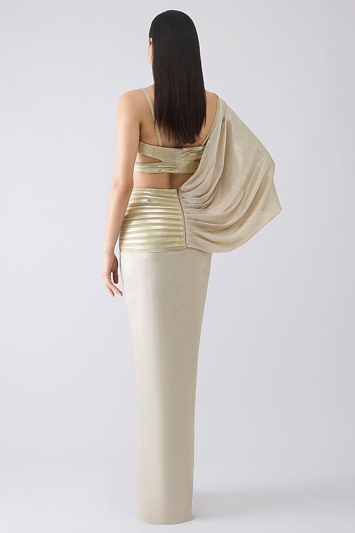 Sand-Colored Foil Crepe Pleated Draped Reception Saree Set by Amit Aggarwal at Pernia's Pop Up Shop