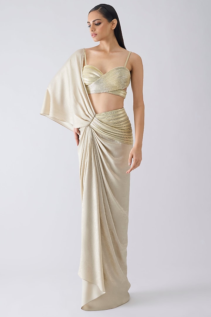 Sand-Colored Foil Crepe Pleated Draped Reception Saree Set by Amit Aggarwal at Pernia's Pop Up Shop