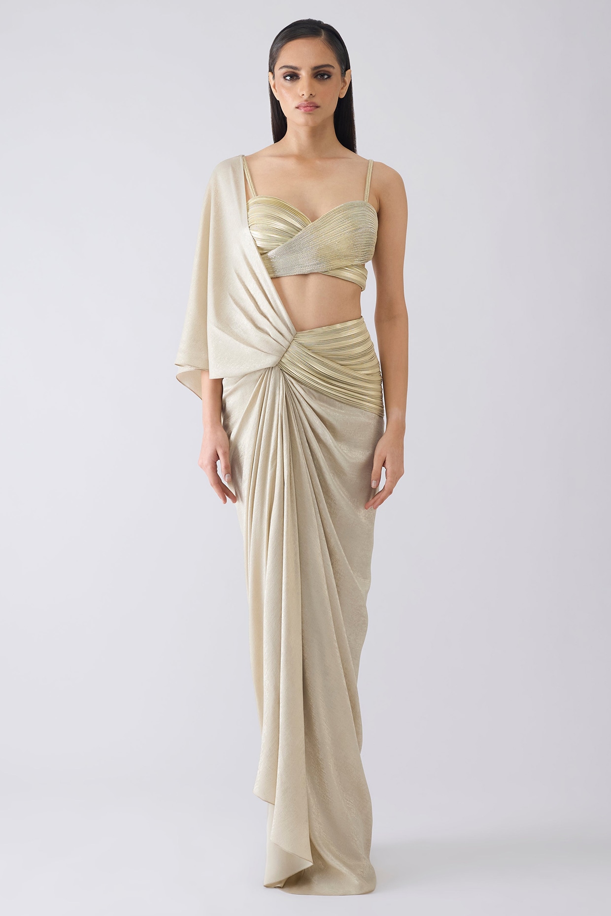 Amit Aggarwal Sand-Colored Foil Crepe Pleated Draped Saree Set