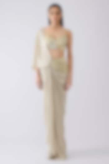 Sand-Colored Foil Crepe Pleated Draped Reception Saree Set by Amit Aggarwal at Pernia's Pop Up Shop