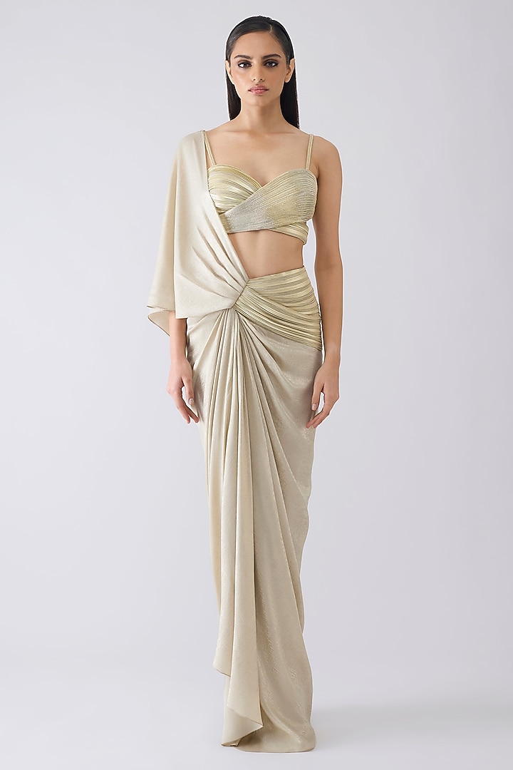 Sand-Colored Foil Crepe Pleated Draped Reception Saree Set by Amit Aggarwal at Pernia's Pop Up Shop