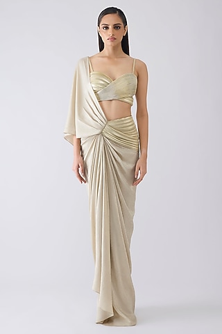 Sand-Colored Foil Crepe Pleated Draped Saree Set by Amit Aggarwal