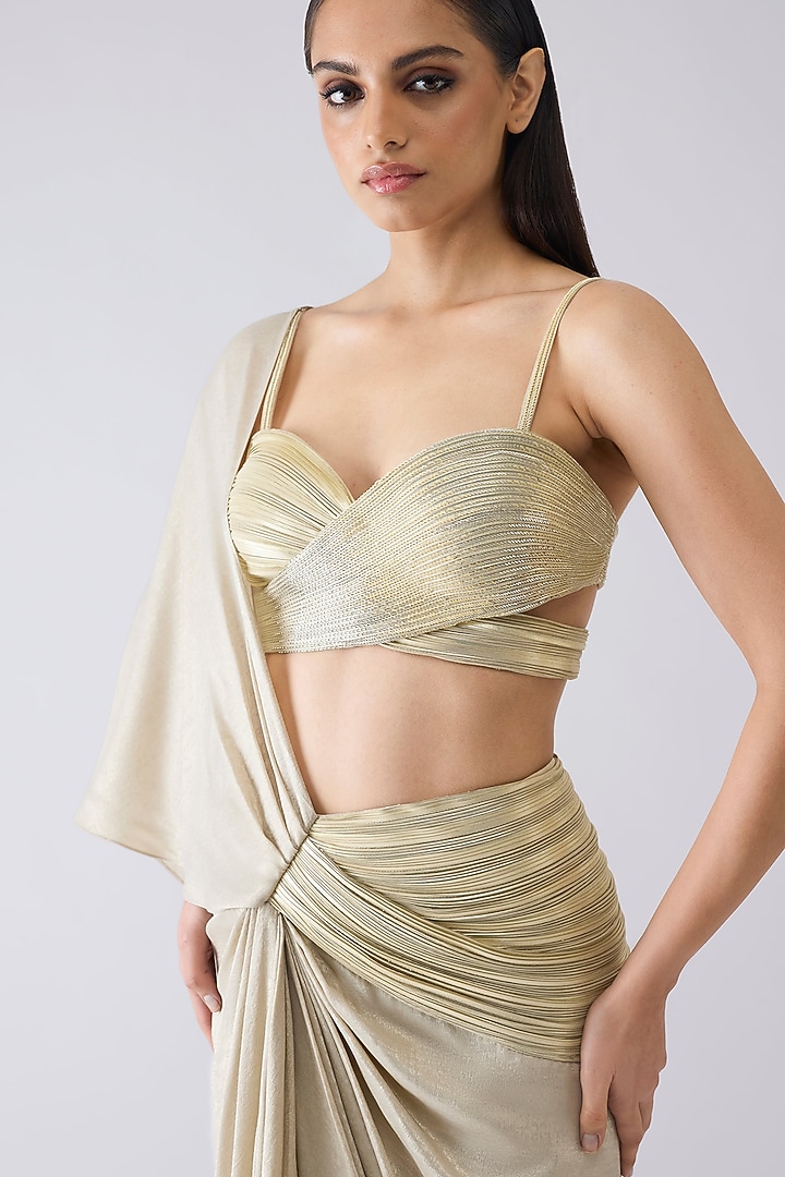 Sand-Colored Foil Crepe Pleated Draped Reception Saree Set by Amit Aggarwal at Pernia's Pop Up Shop