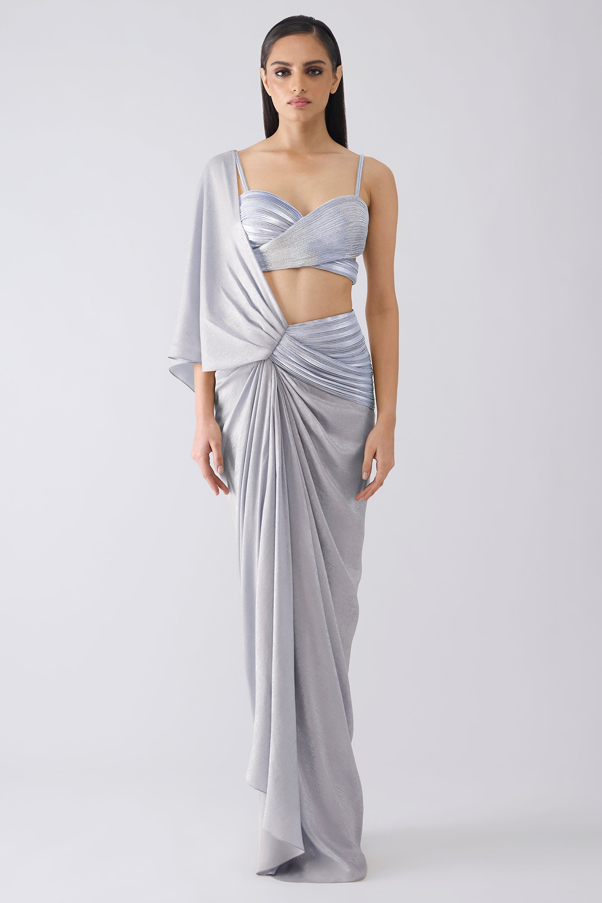 Amit Aggarwal Ice Blue Foil Crepe Pleated Draped Saree Set