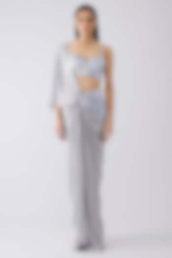 Ice Blue Foil Crepe Pleated Draped Reception Saree Set by Amit Aggarwal at Pernia's Pop Up Shop