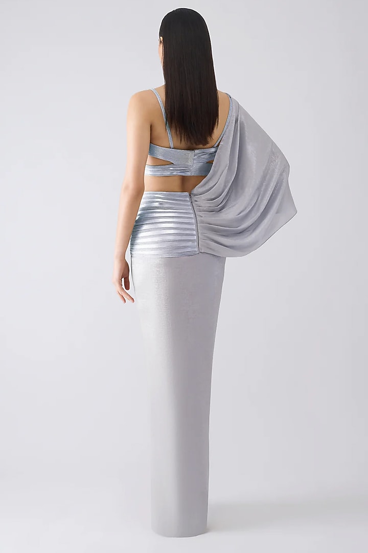 Ice Blue Foil Crepe Pleated Draped Reception Saree Set by Amit Aggarwal at Pernia's Pop Up Shop