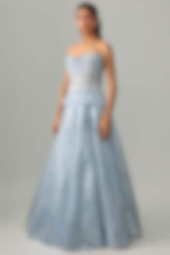Ice Blue Tulle Embellished Bridal Lehenga Set by Amit Aggarwal at Pernia's Pop Up Shop