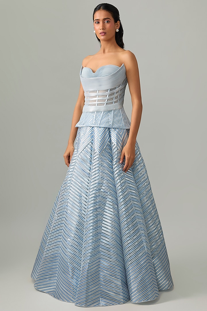 Ice Blue Tulle Embellished Bridal Lehenga Set by Amit Aggarwal at Pernia's Pop Up Shop