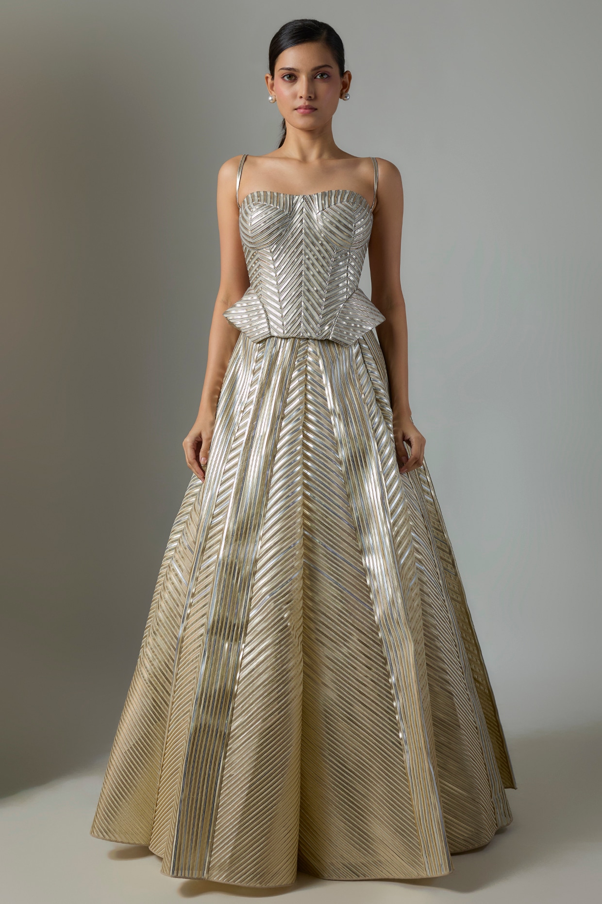 Amit Aggarwal Sand-Colored Sheer Stripe Embellished Lehenga Set