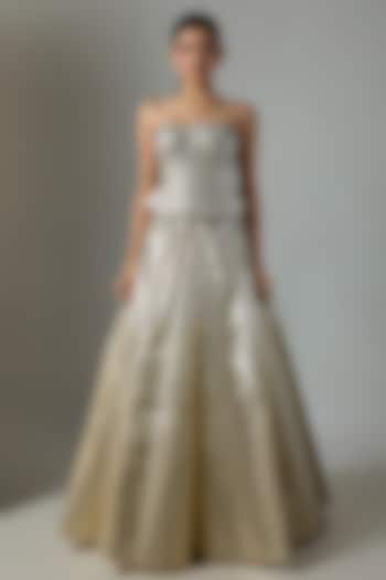 Sand-Colored Sheer Stripe Embellished Bridal Lehenga Set by Amit Aggarwal at Pernia's Pop Up Shop