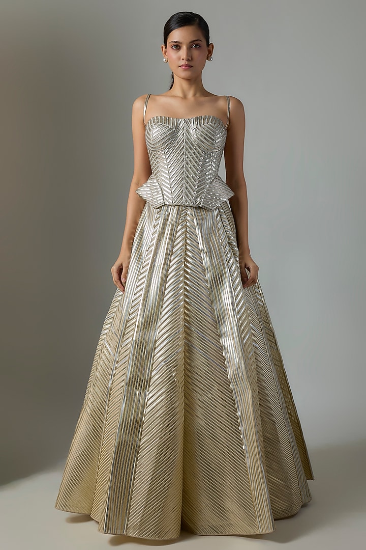Sand-Colored Sheer Stripe Embellished Bridal Lehenga Set by Amit Aggarwal at Pernia's Pop Up Shop