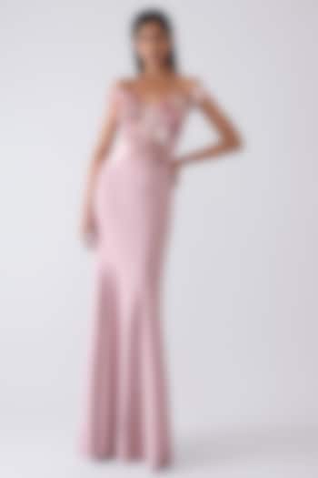 Rose Pink Stretch Crepe Glass Beadwork Metallic Bridal Gown by Amit Aggarwal at Pernia's Pop Up Shop