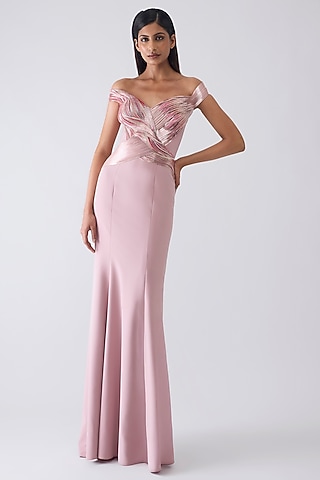 Rose Pink Stretch Crepe Glass Beadwork Metallic Gown by Amit Aggarwal