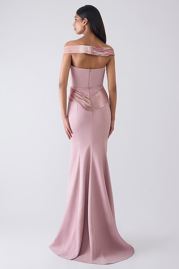 Rose Pink Stretch Crepe Glass Beadwork Metallic Bridal Gown by Amit Aggarwal at Pernia's Pop Up Shop