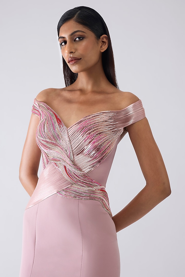 Rose Pink Stretch Crepe Glass Beadwork Metallic Bridal Gown by Amit Aggarwal at Pernia's Pop Up Shop