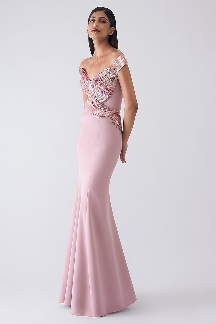 Rose Pink Stretch Crepe Glass Beadwork Metallic Bridal Gown by Amit Aggarwal at Pernia's Pop Up Shop