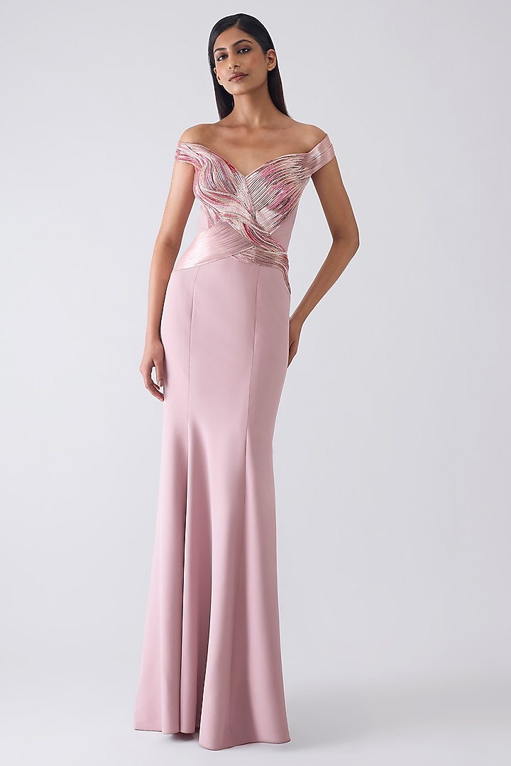 Rose Pink Stretch Crepe Glass Beadwork Metallic Bridal Gown by Amit Aggarwal at Pernia's Pop Up Shop