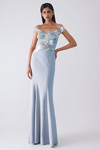 Ice Blue Stretch Crepe Micro Pleated Moulded Gown by Amit Aggarwal