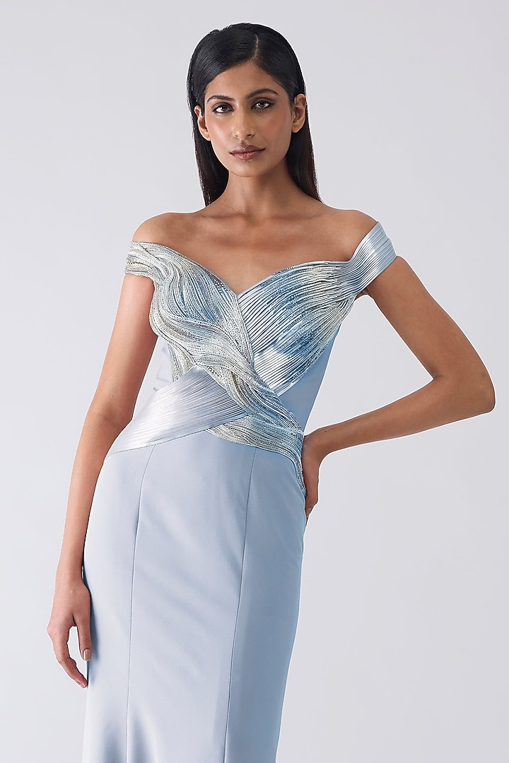 Ice Blue Stretch Crepe Micro Pleated Moulded Bridal Gown by Amit Aggarwal at Pernia's Pop Up Shop